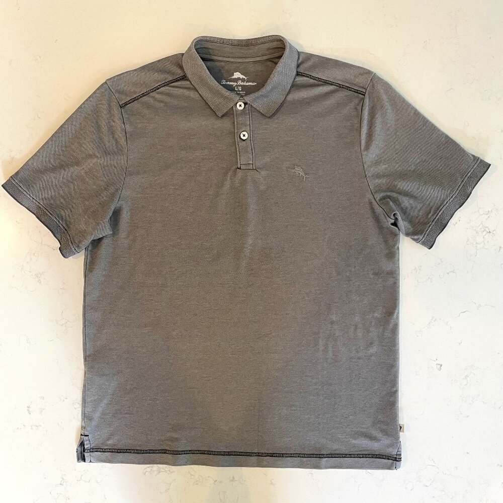 Tommy Bahama Neutral 2 Button SS Sporty Cotton Blend Polo Shirt Grey + Blk Sz L
